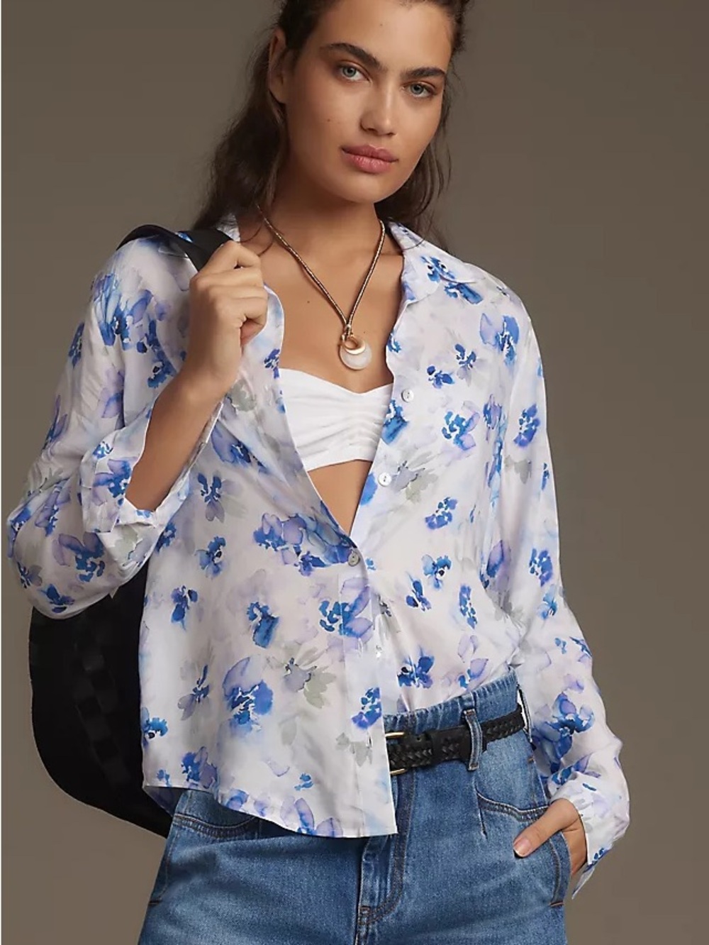 Anthropologie cloth & stone | White Button-Down Shirt with Blue Floral Print